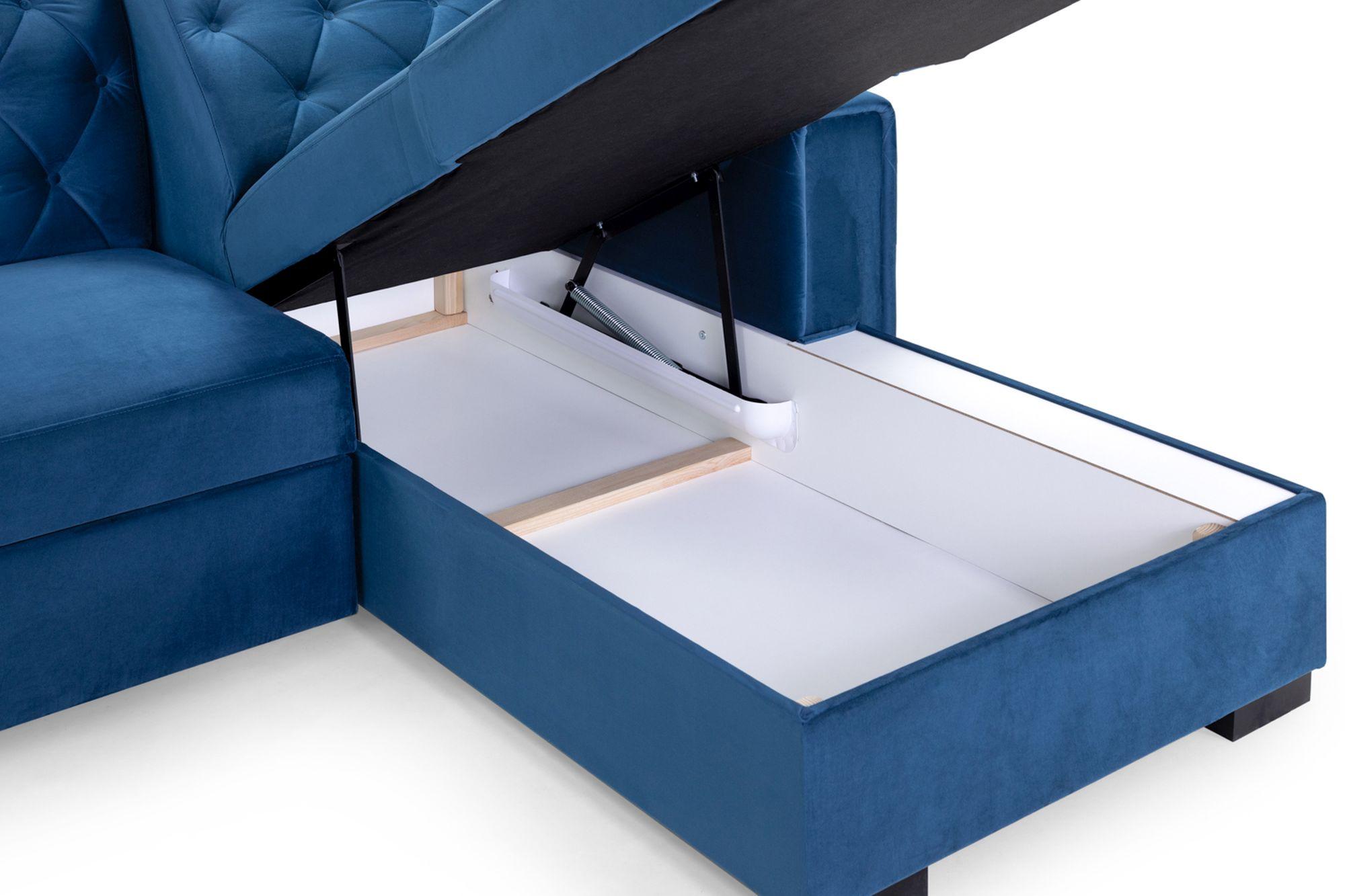 Product photograph of Reva Blue Fabric Right Hand Facing Pull Out Corner Sofabed With Storage from Choice Furniture Superstore.